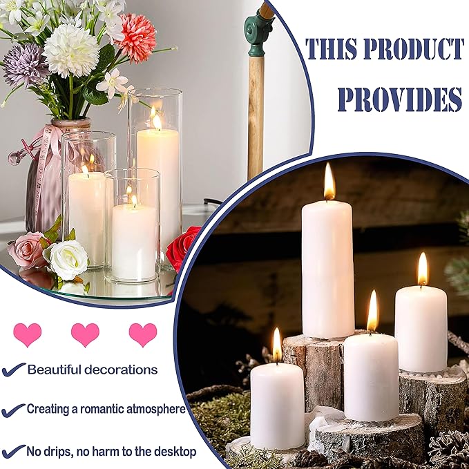 72 Pack White Pillar Candles Bulk Set, 2x3 2x6 2x8 Inch - 24 Each Size, Dripless Smokeless Clean Burning for Wedding Centerpieces, Home Decor, Church, Romantic Ambiance！