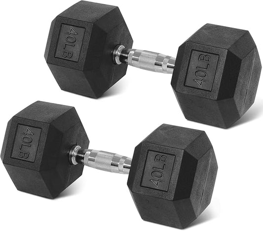 Rubber Encased Hex Weights Dumbbells Set of 5 – 50 lb Pair | Cast Iron Hand Weights with Anti-Slip Grip for Home Gym Strength Training