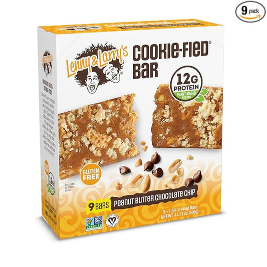 Lenny & Larry's Cookie-fied Protein Bar – Peanut Butter Chocolate Chip Vegan 9x45g – Healthy Snacks with 12g Plant Protein & 5g Fiber – Gluten free Power Bar, Keto Friendly, Non-GMO & Vegan