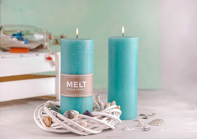 Melt Candle Company Set of 2 Pillar Candles 3" x 8" Unscented Handpoured Weddings, Home Decoration, Restaurants, Spa, Church Smokeless Cotton Wick - Turquoise