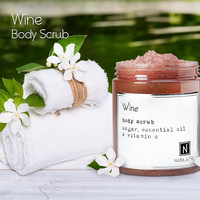 Wine Body Scrub Made in USA with Essential Oil and Vitamin C by Nabila K - Exfoliate and Moisturize for Smooth Skin - Luxury for Women & Men, 3 oz