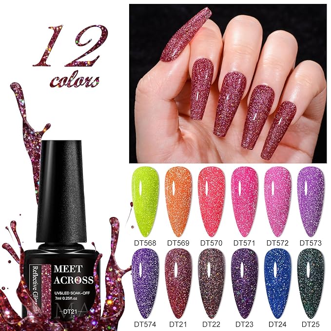 MEET ACROSS Reflective Glitter Gel Nail Polish Set of 12 Colors Pink Red Black Purple Shimmer Sparkle Gel Polish Collection Kit LED Soak Off Nail Polish Manicure Art Gel Kit Home DIY Nail Salon