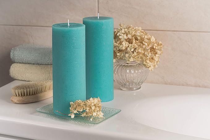 Melt Candle Company Set of 2 Pillar Candles 3" x 8" Unscented Handpoured Weddings, Home Decoration, Restaurants, Spa, Church Smokeless Cotton Wick - Turquoise
