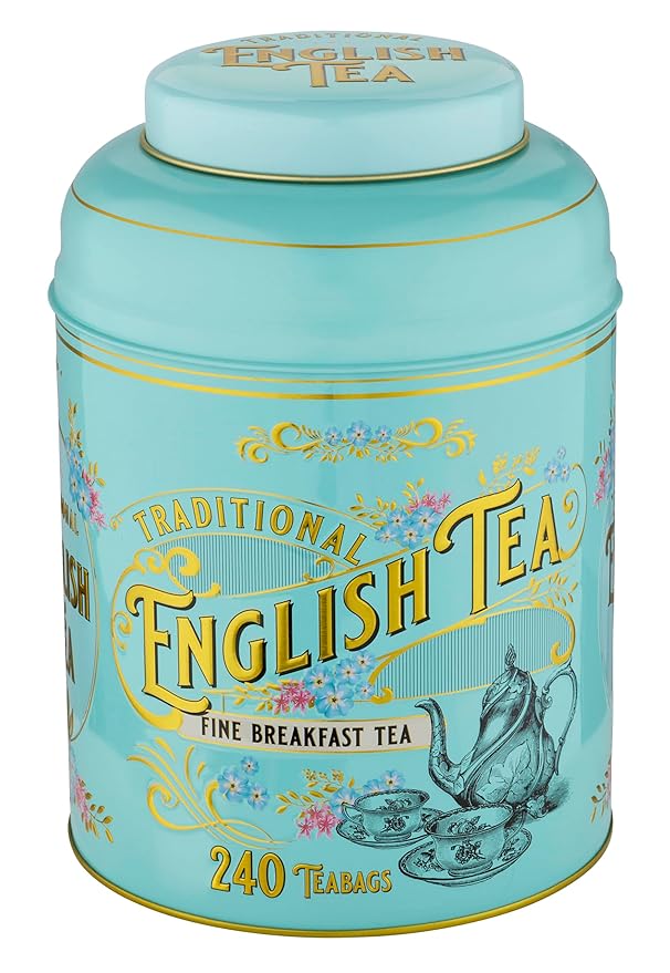New English Teas Vintage Victorian Tea Tin with 240 English Breakfast Teabags for Tea Lovers, Forget Me Not Florals & Classic Tea Set Design