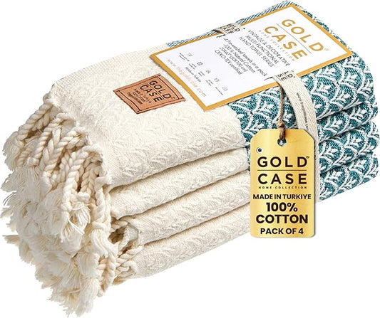 Gold CASE Turkish Hand Towels for Bathroom Set of 4 – 100% Cotton Bathroom Towels – Helen Kitchen Small Towel for Spa, Face, Tea & Dishcloth – Decorative Patterned Weave – Teal