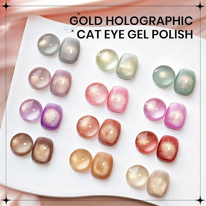 Cat Eye Gel Nail Polish Set,12 Colors Gold Glitter Holographic CatEye Gel Polish with Magnetic Stick,Sliver Brown Pink Red Cat Eye Soak Off UV DIY Home Salon Manicure