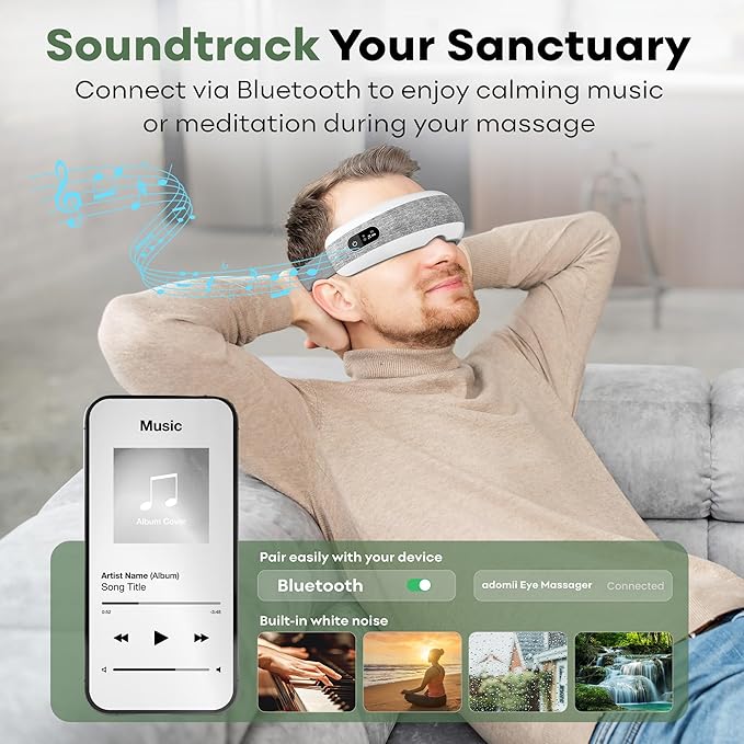 Eye Massager with Heating, Head Massager for Tired Eyes, Stream Your Favorite Music, Adjustable Head Strap, Gift for Women Men Mom Dad
