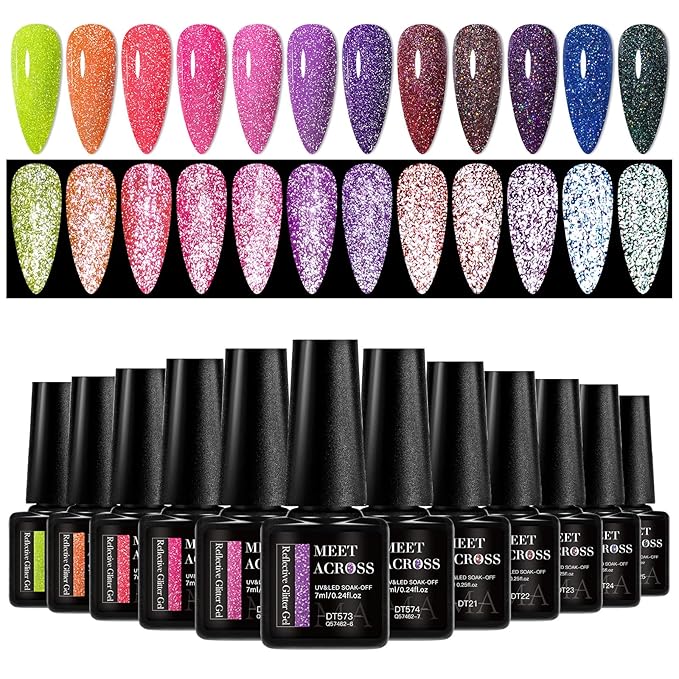 MEET ACROSS Reflective Glitter Gel Nail Polish Set of 12 Colors Pink Red Black Purple Shimmer Sparkle Gel Polish Collection Kit LED Soak Off Nail Polish Manicure Art Gel Kit Home DIY Nail Salon