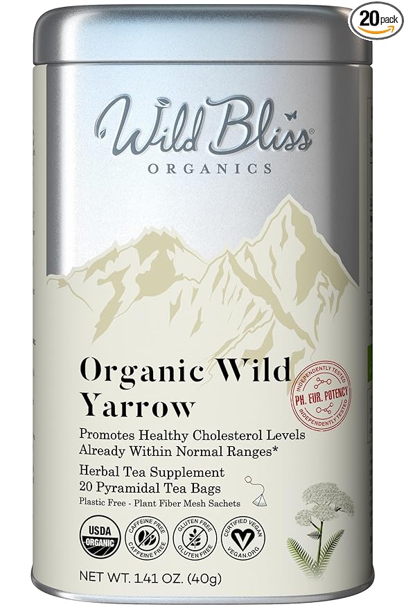 Wild Bliss Organic Yarrow Tea - Caffeine Free Herbal Tisane - Pharmacopoeia Potency - 20 Plant Based Tea Bags