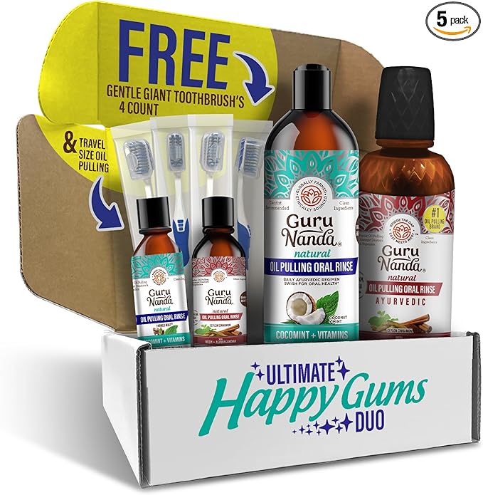 GuruNanda Ultimate Happy Gums Duo, with Alcohol & Flouride-Free Cocomint & Ashwagandha Oil Pulling, Ayurvedic Oral Care for Happy Gums & Fresher Breath
