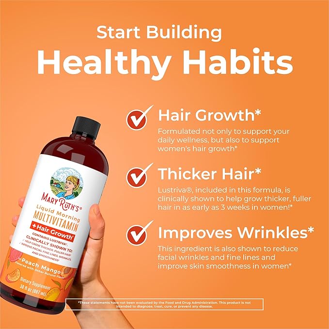 MaryRuth Organics Liquid Multivitamin+Hair Growth | Clinically Tested for Thicker Hair & Facial Wrinkles in Women | Biotin 10000mcg | Lustriva Hair Growth Supplement | Skin Care | Age 18+ | 30 Fl Oz