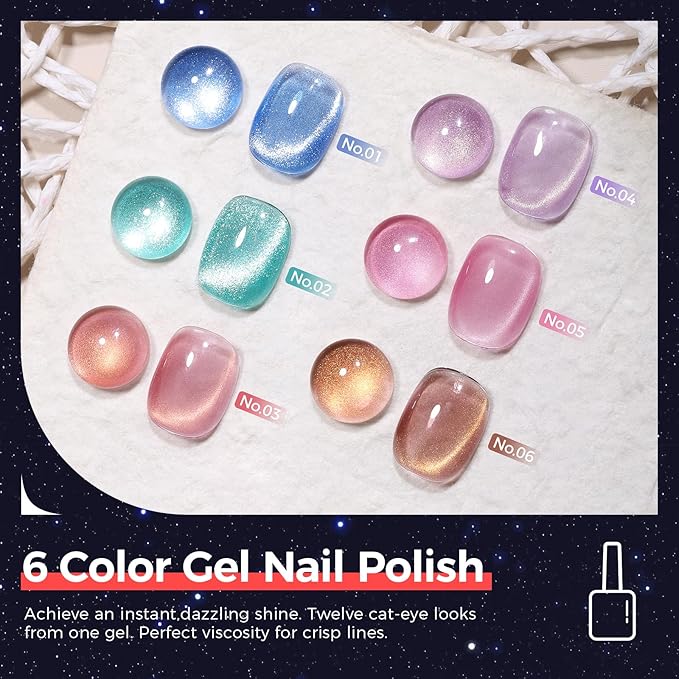 5-in-1 Cat Eye Gel Polish Kit, 6PCS-7.5ml No Base/Top Coat Needed, All-in-One Formula, Beginner-Friendly Magnetic Nail Art Set with Magnet Sticks, Fast Curing for Home DIY Manicure