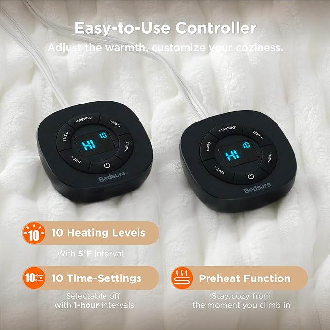 Bedsure Electric Blanket King Size - Thick Striped Flannel Electric Blanket with Dual Control, Heating with 10 Heat Settings & 10 Time Settings, 8 hrs Timer Auto Shut Off (90x100 inches, White)