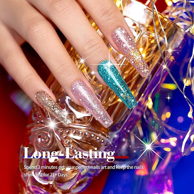 RARJSM Glitter Gel Nail Polish Set of 6 Colors Diamond Silver Sparkly Holographic Champagne Gold Iridescent Red Chunky Pigments Gel Polish Soak off Led UV Curing Required for Nail Salon Manicure