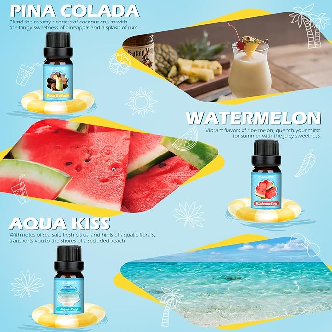 Summer Fragrance Oils Set, Premium Essential Oils for Diffuser, Natural Aromatherapy Oils for Soap Candle Making - Ocean Breeze, Coconut, Pina Colada, Watermelon, Vanilla Ice Cream, Aqua Kiss