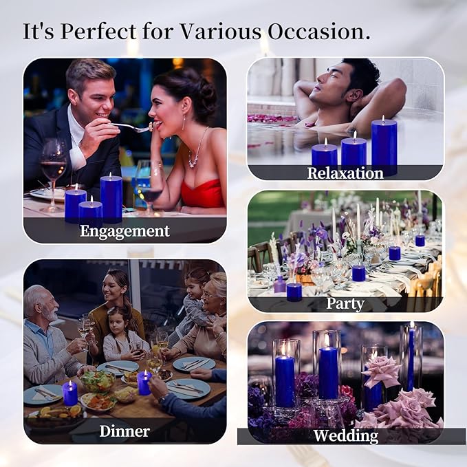 KONNI Classic Blue Pillar Candles Set of 3, 3"x 4" Unscented Pillar Candles Bulk, 42 Hours Long Burning Candles, Smokeless&Dripless Large Round Candle for Wedding, Home Decoration, Parties, Spas