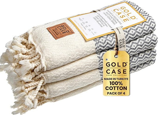Gold CASE Turkish Hand Towels for Bathroom Set of 4–20x40''–100% Cotton Bathroom Hand Towels – Zeus Towel for Spa, Face, Tea & Dishcloth – Decorative Cloth – Grey