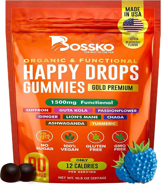 Happy Drops – Daily Superfood Gummies for Mood Support, Focus and Energy – Sugar-Free, Vegan, Blueberry Flavor – 90 Gummies for Adults – Daily Support for Mood, Focus and Natural Energy
