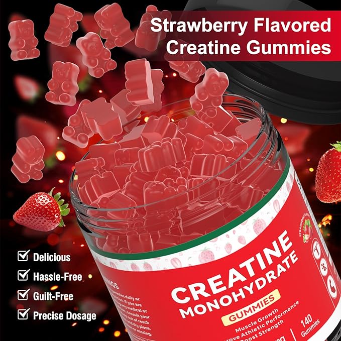 Creatine Monohydrate Gummies for Men & Women, 140 Gummies, Strength and Endurance Enhancing Creatine Chews, Gluten Free, Sugar Free, Strawberry Flavor