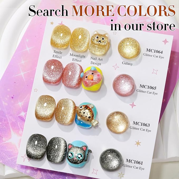 Double Rhythm Cat Eye Gel Polish with Magnet 15ML Holographic Glitter Shimmer Translucent Sheer Color Glass Magnetic Gel Polish Salon DIY at Home (Light Gold-MC1064)