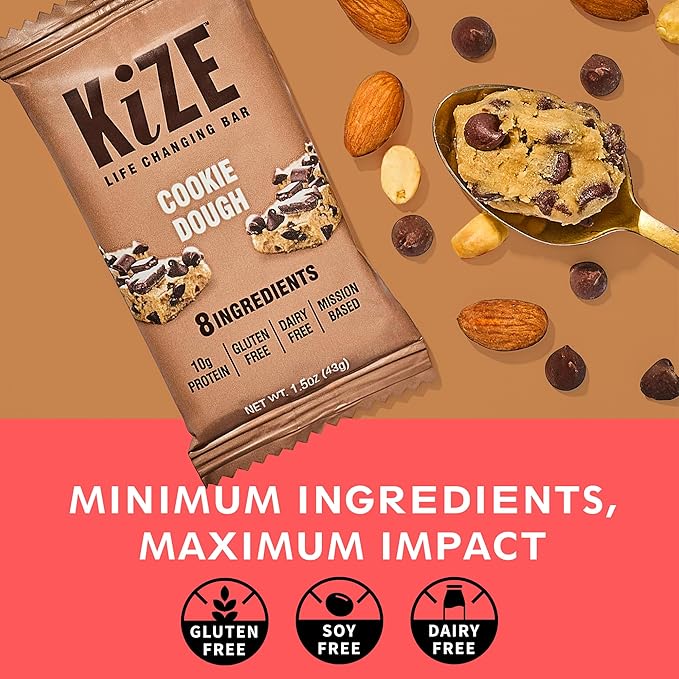 KiZE Energy Bars - Cookie Dough - 30-Count - Gluten Free, Dairy Free, Non-GMO, and High Protein Meal Replacement Energy Bars, Clean and Simple Food Ingredients - 10g High Protein Snacks (30 Count)
