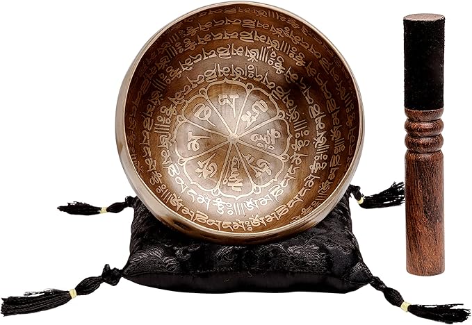 Ancient Design Large Etched Tibetan Singing Bowl Set by Ohm Store — Relaxing Deep Tone Meditation Sound Bowl and Wooden Mallet Handcrafted in Nepal — Purity Bowl (About 6 Inch)