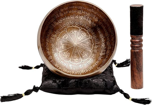 Ancient Design Large Etched Tibetan Singing Bowl Set by Ohm Store — Relaxing Deep Tone Meditation Sound Bowl and Wooden Mallet Handcrafted in Nepal — Purity Bowl (About 6 Inch)