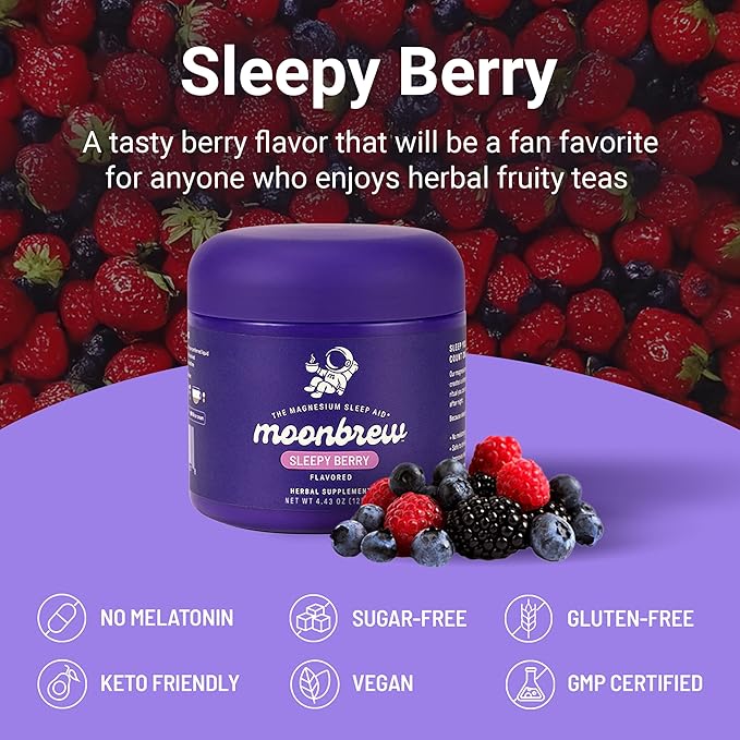 MoonBrew Nighttime Magnesium Sleepy Berry Smoothie, Natural Sleep Aid Drink Mix for Adults, 2-Pack - Calming Melatonin-Free Sleep Support with L-Theanine, Chamomile & Zinc Glycinate - 50 Servings