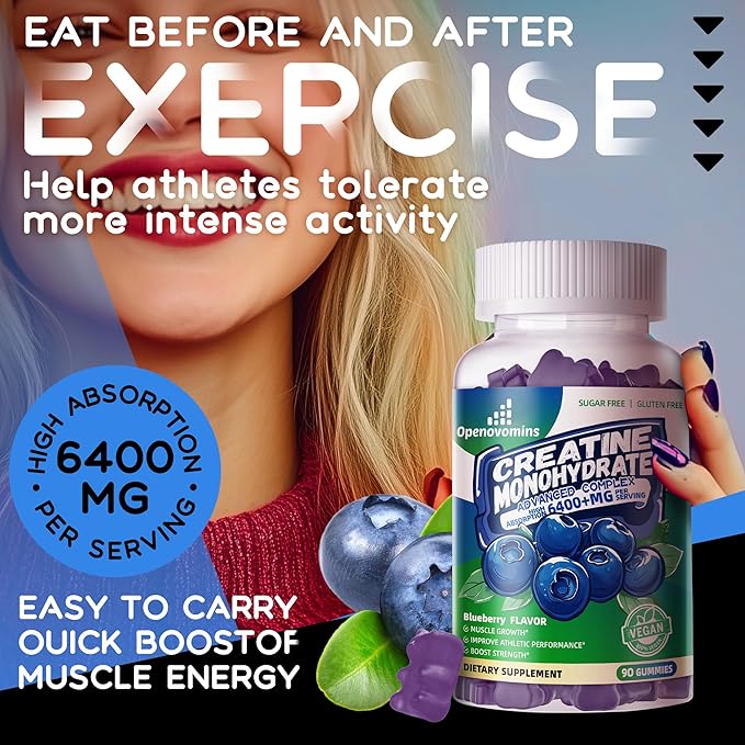 Creatine Monohydrate Gummies Complex for Men & Women -Advanced Formula W/L-Taurine + Vitamin B12, Sugar Free Chewable Supplement,180 Blueberry Gummies 2pack