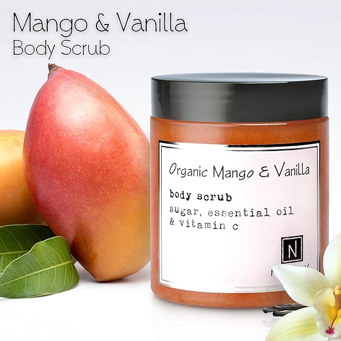 Organic Mango & Vanilla Body Scrub Made in USA with Essential Oil and Vitamin C by Nabila K - Exfoliate and Moisturize for Smooth Skin - Luxury for Women & Men, 3 oz