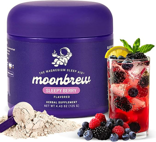 MoonBrew Nighttime Magnesium Sleepy Berry Smoothie, Natural Sleep Aid Drink Mix for Adults - Calming Melatonin-Free Sleep Support with L-Theanine, Chamomile & Zinc Glycinate - 25 Servings