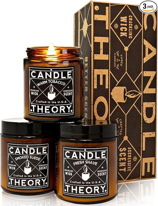 Candle Theory Man Cave Stuff Men 4oz Candles Set of 3, Crackling Woodwick Masculine Scent, Warm Tobacco Cigar, Smoked Suede, Fresh Shave