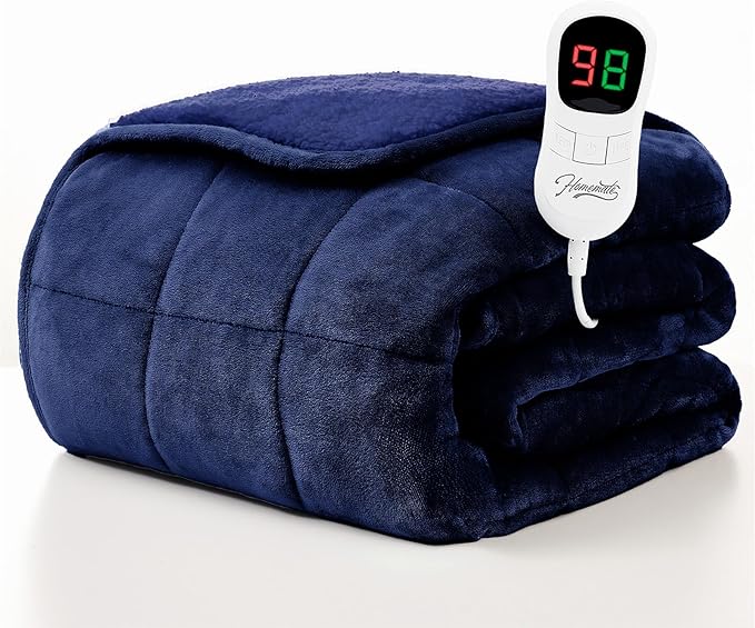 Homemate Heated Weighted Blanket for Adults - 50"x60" 12lbs Electric Throw Fast Heating Heavy Blanket 1/2/4/6/8 Hour Auto Off 10 Heat Levels Over-Heat Protection Comfortable Flannel Sherpa