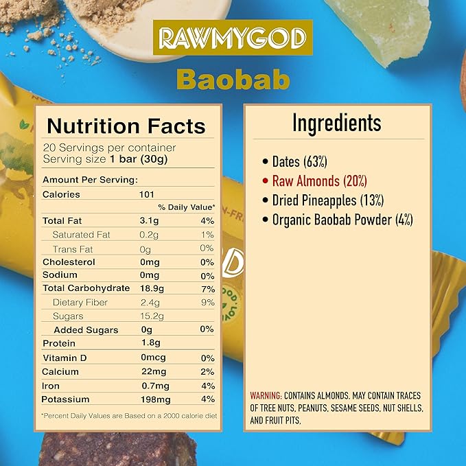 RAWMYGOD Fruit and Nut Bars, Gluten Free, Vegan, No Added Sugar (20 bars, Vitality Pack - 5 Prebiotic, 5 Moringa, 5 Baobab, 5 Daily)