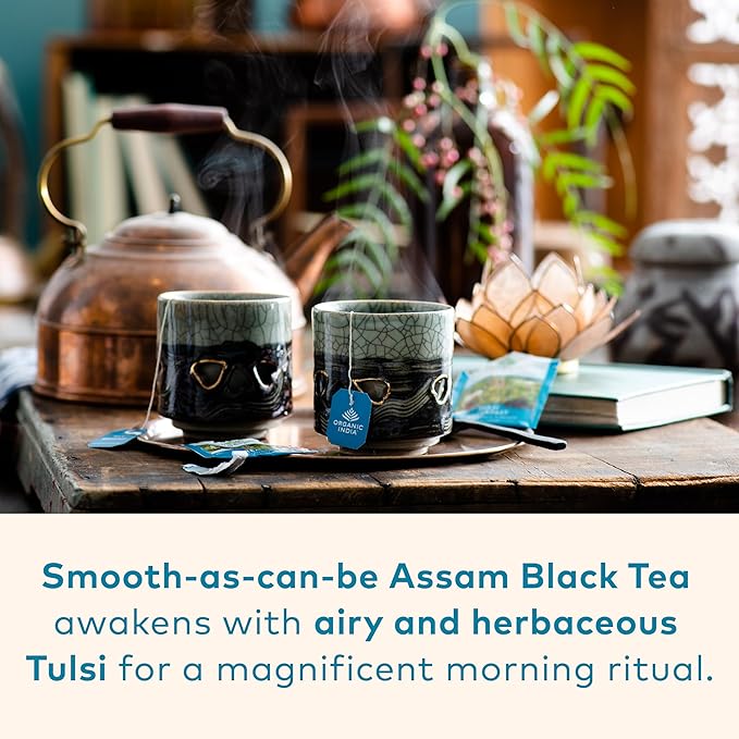 ORGANIC INDIA Tulsi Breakfast Herbal Tea - Black Tea, Holy Basil, Relieve Stress & Energize, Immune Support, Adaptogen - Vegan, USDA Certified Organic, Non-GMO, Caffeinated - 18 Infusion Bags, 6 Pack