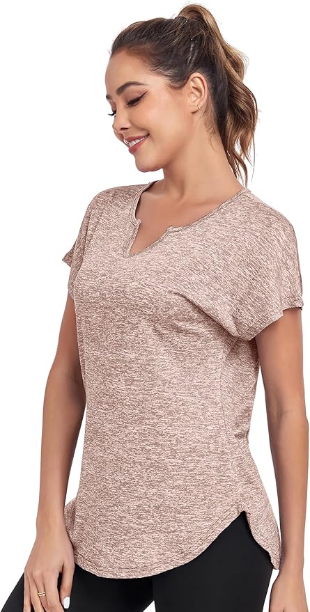 Women's Short Sleeve Workout Shirts V Neck Exercise Yoga Basic Top Quick Dry Side Split