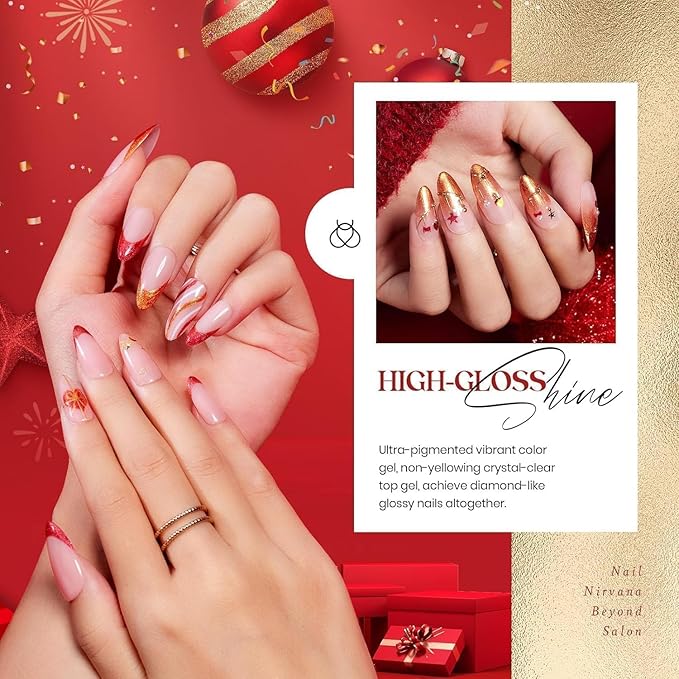 Beetles Christmas Gel Nail Polish, 6 Colors Winter Burgundy Red Glitter Gold Green Gel Polish, Soak Off Uv Nail Lamp Cured Holiday Nail Gel DIY Home Manicure Kit Gifts for Women