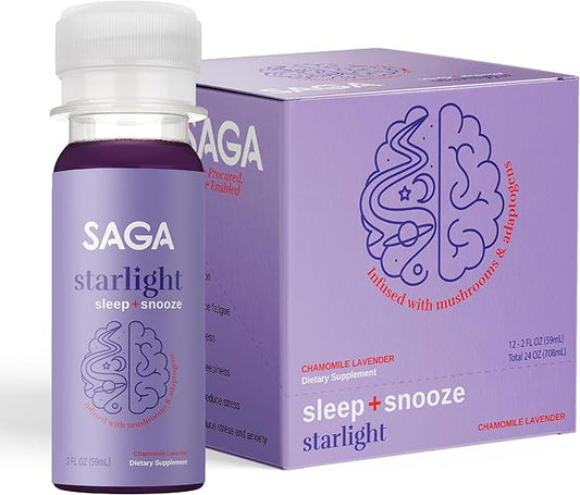 SAGA Starlight Organic Sleep Shots – 2oz Natural Sleep Aid with Melatonin, Reishi, Valerian Root, Ashwagandha, Chamomile – Sugar-Free, Zero Calories, Mushroom Drink