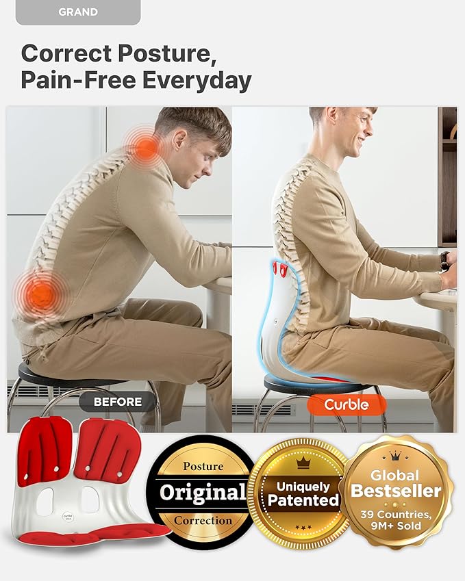 curble Grand 2PACK, Ergonomic Chair Back Support, Lumbar Support for Good Posture Correction and Back Pain Relief, Perfect for Office Chair and Work from Home, Patented(Extra Wide&Sturdy, 2P Red)