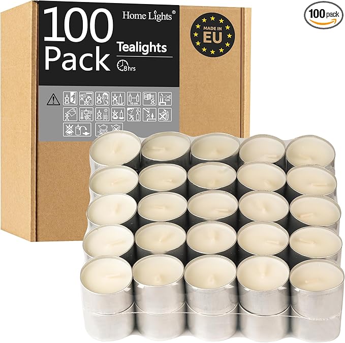 HomeLights Unscented Tealight Candles - 100 Pack, 8hr Smokeless White Votive Candles for Shabbat, Weddings, Home Decor