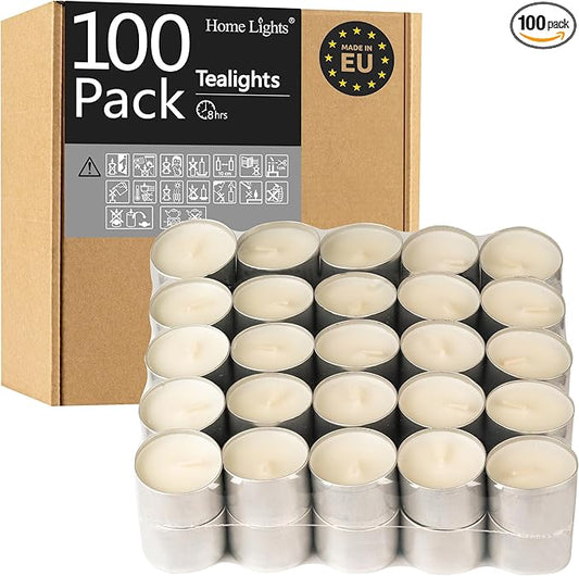 HomeLights Unscented Tealight Candles - 100 Pack, 8hr Smokeless White Votive Candles for Shabbat, Weddings, Home Decor