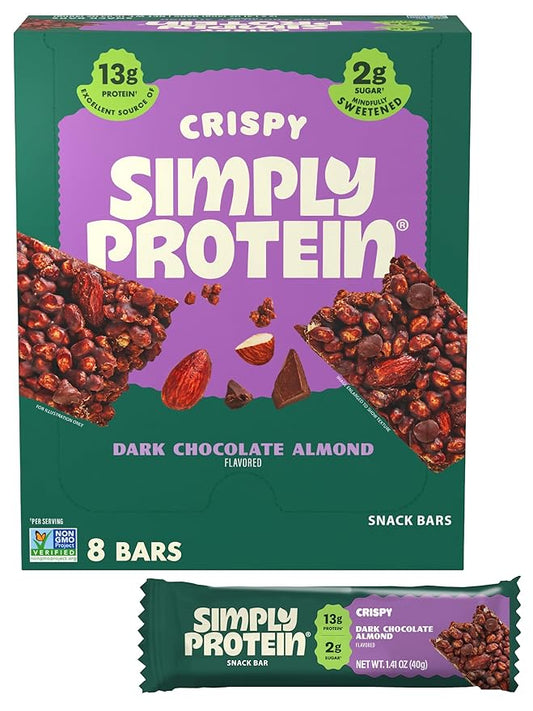 Simply Protein - Dark Chocolate Almond Crispy Bars - Plant Based Protein Bars - Low Carb, Low Sugar, High Fiber - 13g Protein, 2g Sugar, 7g Fiber - Vegan, Gluten Free, Non GMO, Kosher - 8 Bars