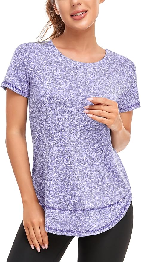 Women's Short Sleeve Workout Shirts Crewneck Sports Yoga Running Dry Fit Tops Side Split Tee