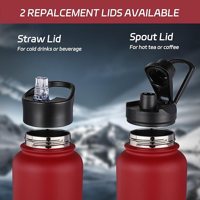 HASLE OUTFITTERS 32 oz Insulated Water Bottle Stainless Steel Double Walled Vacuum Sports Water Bottle with 2 Lids (Straw and Spout Lid) for Gym Camping Hiking(Red,4)