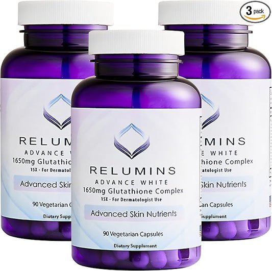 Relumins L-Glutathione Complex 1650mg - Antioxidant Support with Alpha Lipoic Acid, NAC, L-Methionine, Vitamin E, Skin Health Supplement, Made in USA - 90 Vegetarian Capsules x 3 Bottles