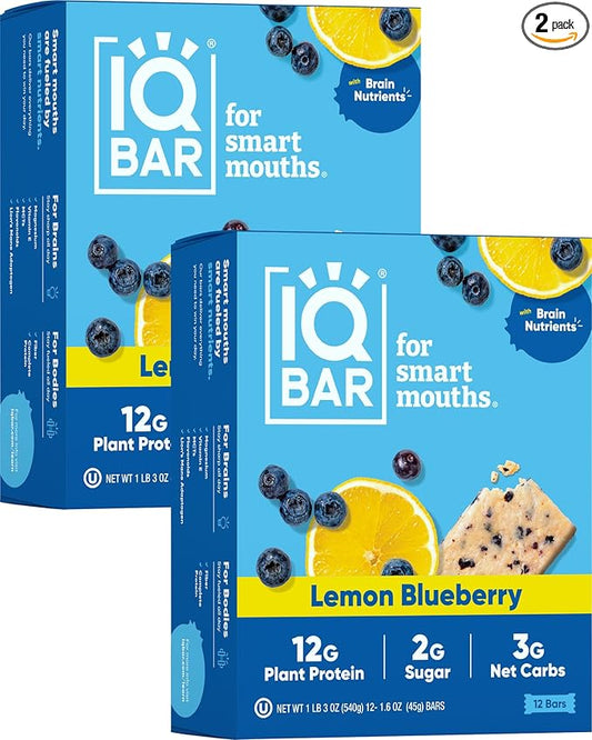 IQBAR Brain and Body Plant Protein Bars - Lemon Blueberry - 24-Count - Keto, Vegan, Low Carb, High Fiber, Gluten Free, Dairy Free, Low Sugar Snack with Nutrients for Focus, Energy, Meal Replacement