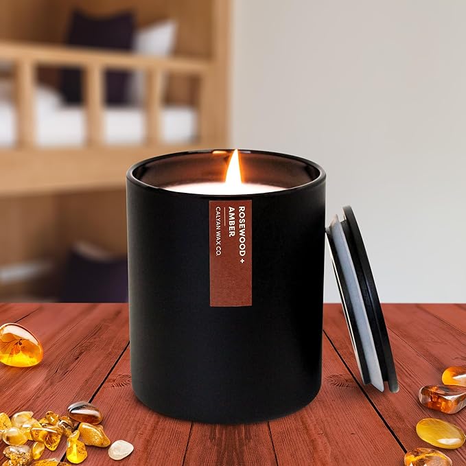 Calyan Wax Co. Soy Wax Candle, Rosewood + Amber Scented Candle, 75 Hour Burn Time, Aromatherapy Soy Candles, Non Toxic & Vegan Soy Wax, Black Tumbler Scented Candles, 13oz