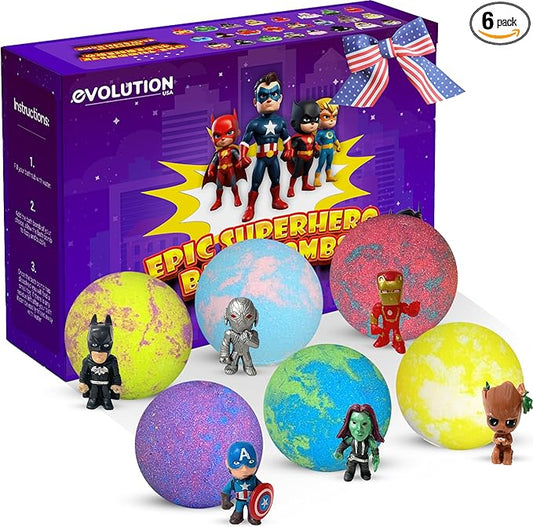 EvolutionUSA Purple Epic Superhero Bath Bombs for Kids, 6 Super Hero Bath Bombs with Toy Inside, Lush Childrens Bathbombs, Organic Bathbomb with Surprise Inside, Fizzy Fun Superhero Bath Balls