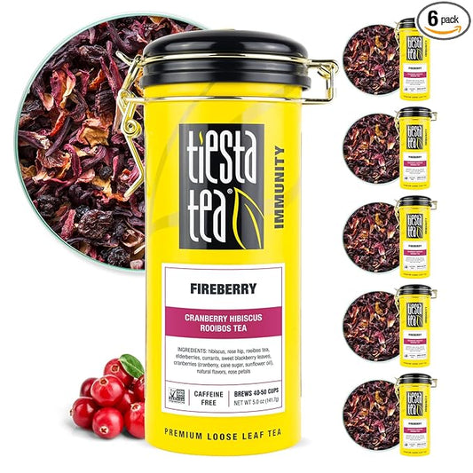 Tiesta Tea - Fireberry Cranberry Hibiscus Rooibos Tea | Loose Leaf | Premium Non-Caffeinated Rooibos Blend | Make Hot or Iced & Brews Up to 50 Cups | 30oz Refillable Tin, Pack of 6