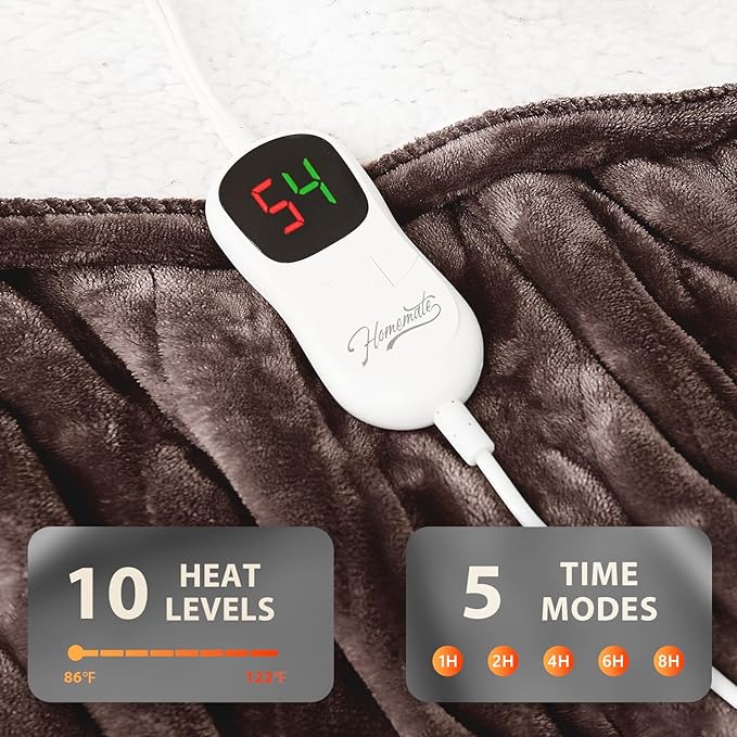 Homemate Electric Heated Blanket Full - 72"x84" Heating Bed Blankets Throw with 10 Heating Levels 8 Hours Auto Off Fast Heating Over-Heated Protection Ultra Soft Warm Flannel ETL Certified Brown